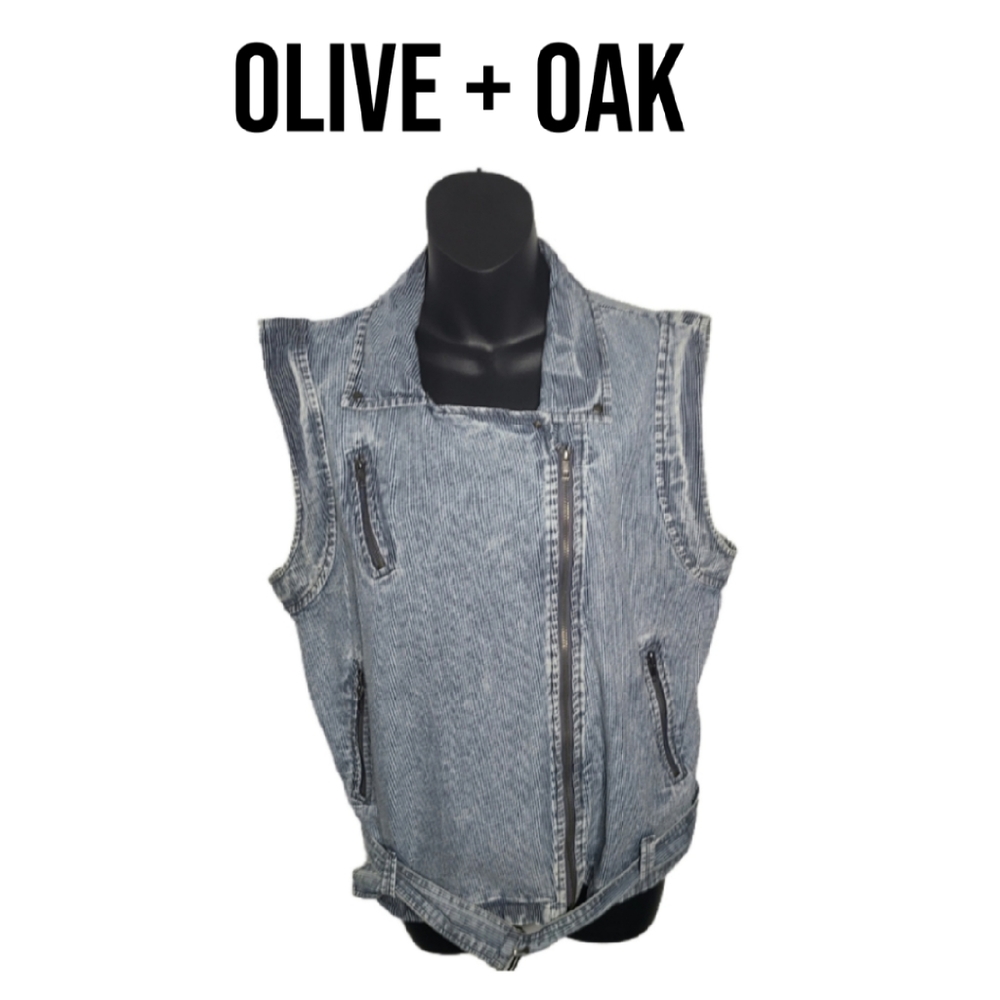 OLIVE + OAK ACID WASH DENIM MOTO VEST - Picture 1 of 6